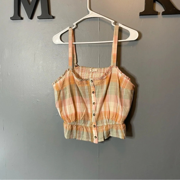 NWT Lucky Brand Plaid Tank top Peach Plaid size large - Picture 1 of 8